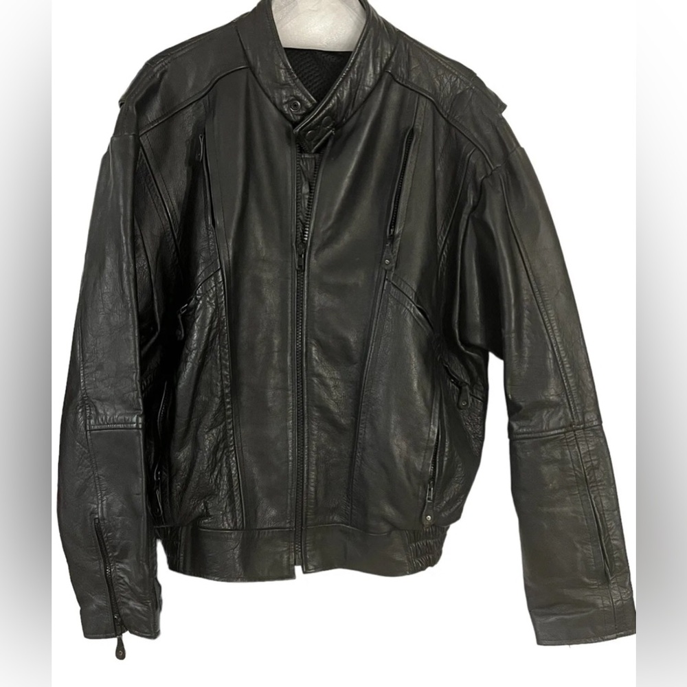 Black Leather Biker Motorcycle Heavy Jacket Bomber Mens 50”Chest XL
